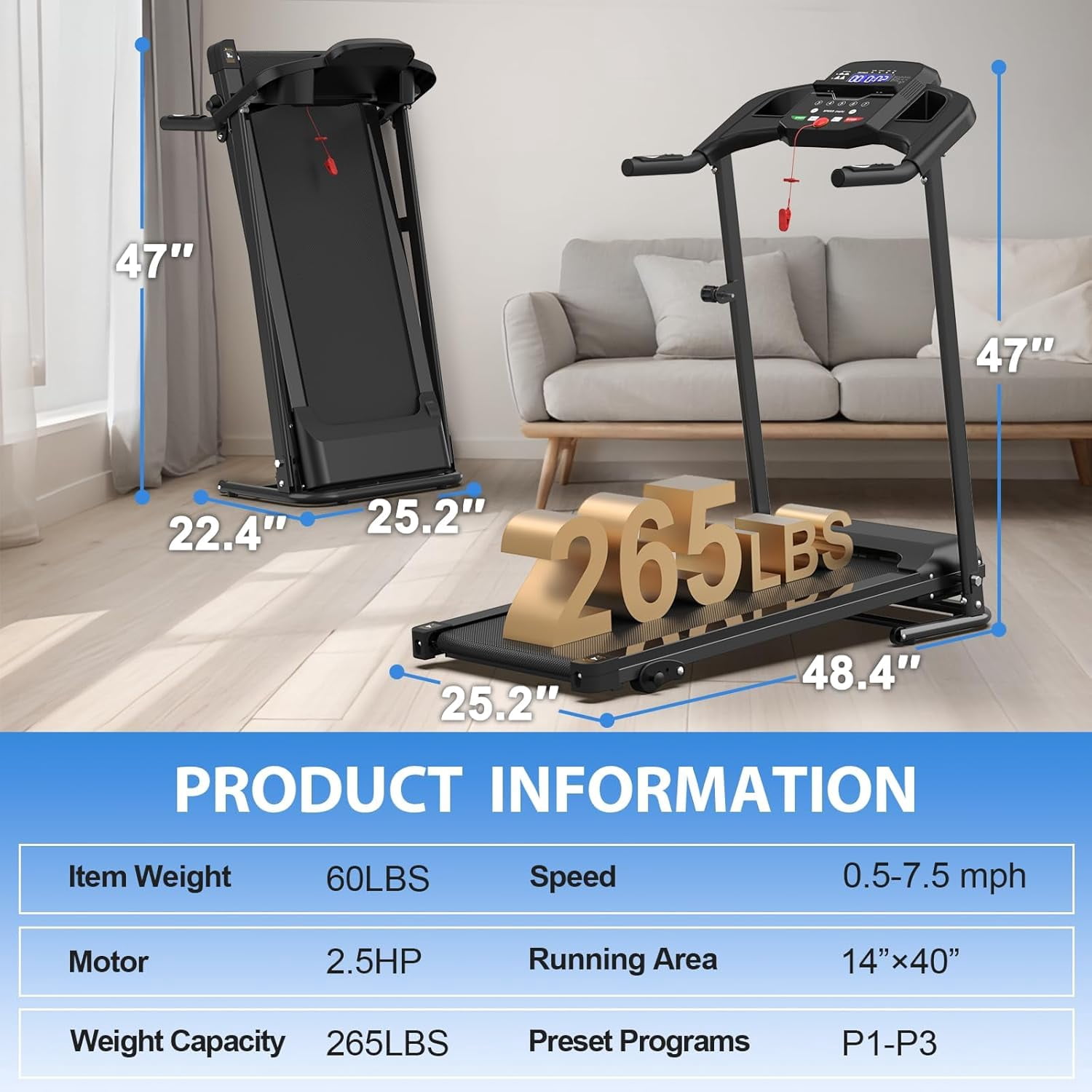 The Power Wear Merax Foldable Treadmill for Home 2.5 HP Portable Running, Jogging and Walking Machine with 12 Per set Programs 300 Lbs. Weight Capacity Device Holder Heartbeat Sensor and 3-Level Incline