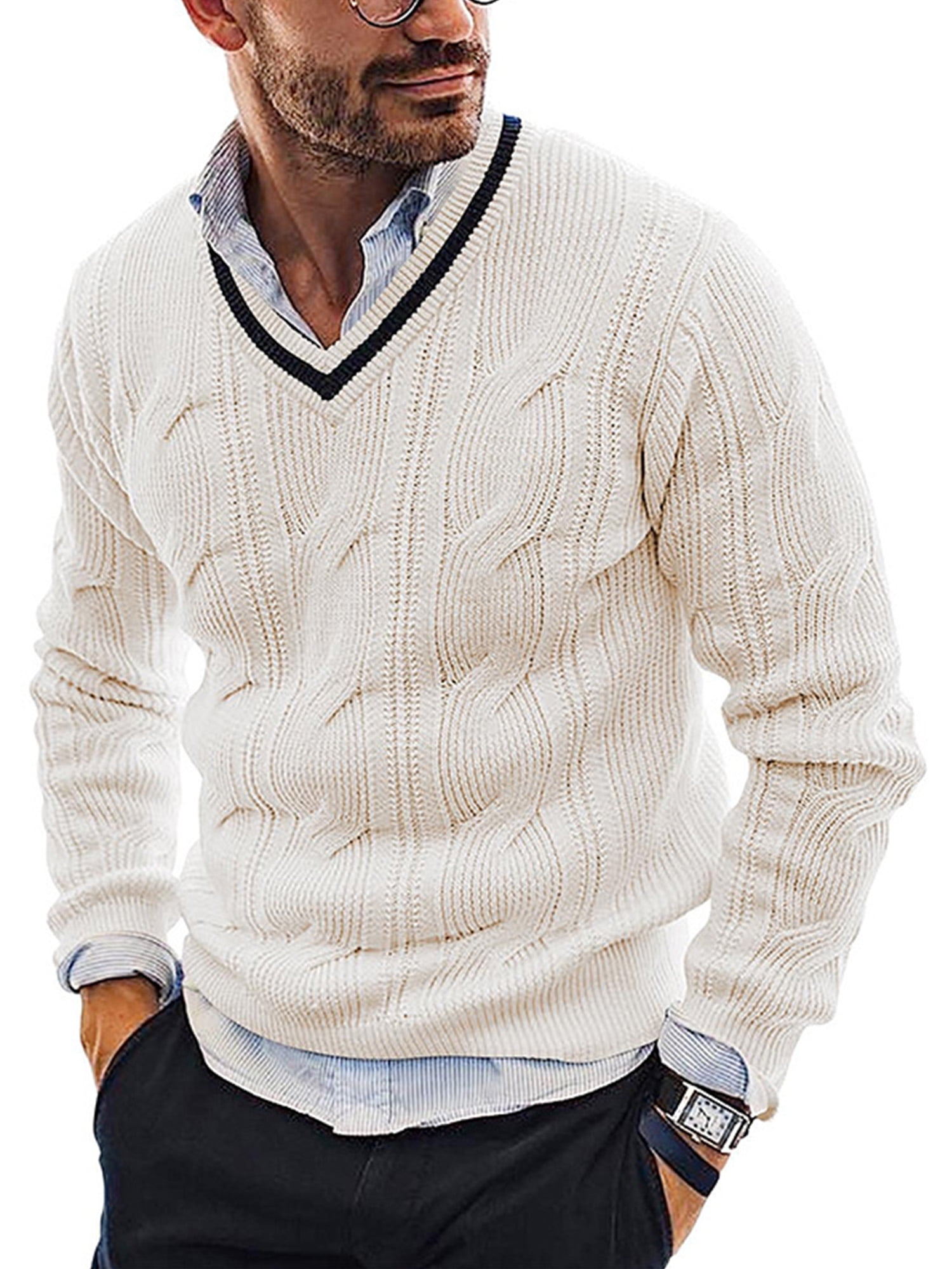Glookwis Mens Cable Knit Sweater Slim Fit Jumper Tops Stretch Knitwear  Pullover Long Sleeve V Neck Outwear Sweaters White L 