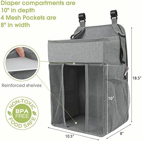 Changing Table Diaper Organizer -  Hanging Diaper Stacker Nursery Caddy Organizer for Cribs Playard Essentials Storage - Hold 52+ Diapers - 18.5" x 10.5" x 8" (Gray)