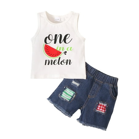 

Youmylove Kids Toddler Boy Clothes Casual Sleeveless Watermelon Prints Hole Jeans Shorts Pants 2Pcs Outfits Set Newborn Clothing Set