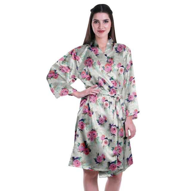Moomaya Peignoirs Kimono Imprimés pour Femmes Courts en Satin Soyeux Peignoir de Mariée Vêtements de Détente