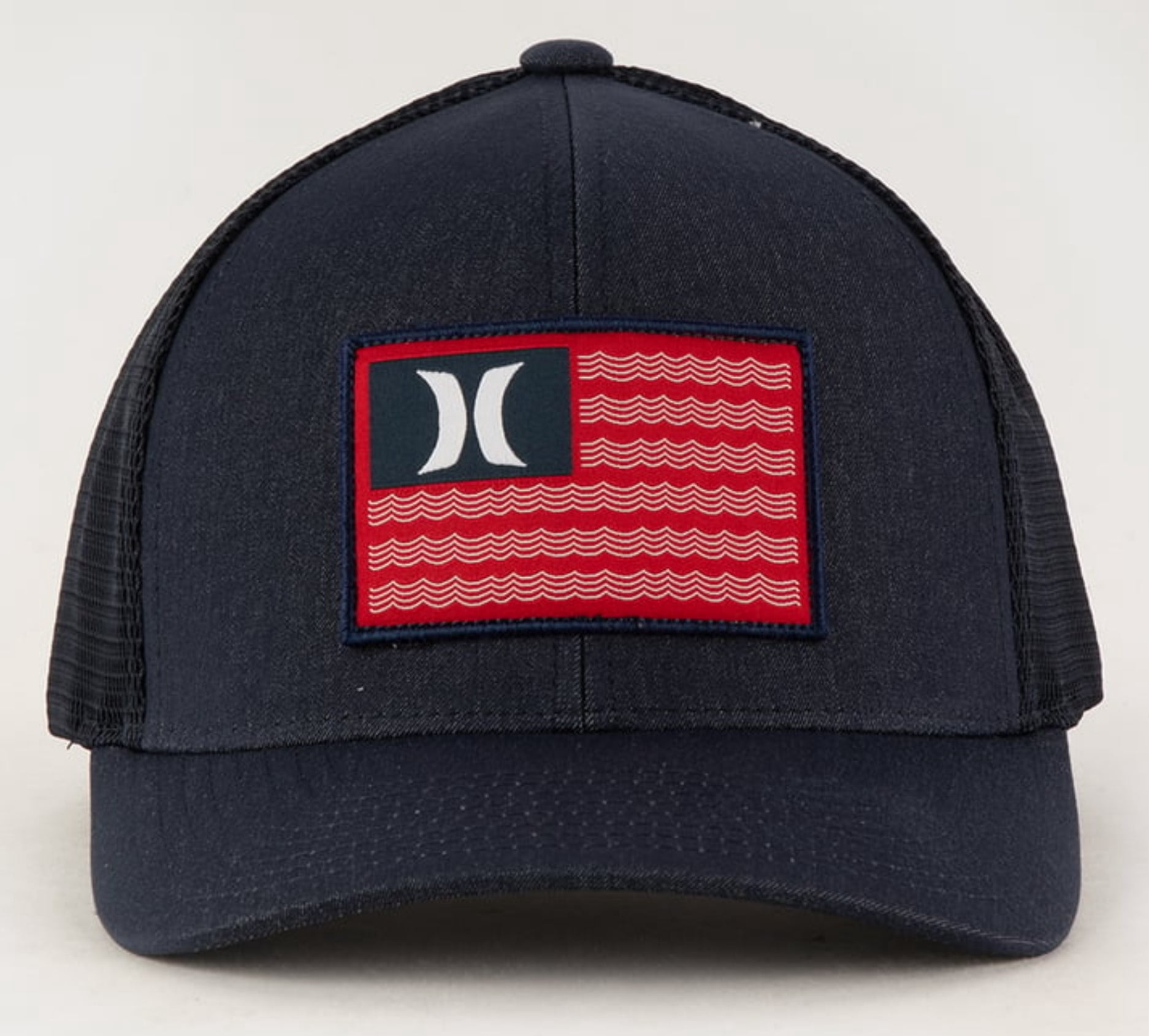 Hurley Men's USA Icon Flag FlexFit Fitted Trucker Hat Cap in S/M Navy