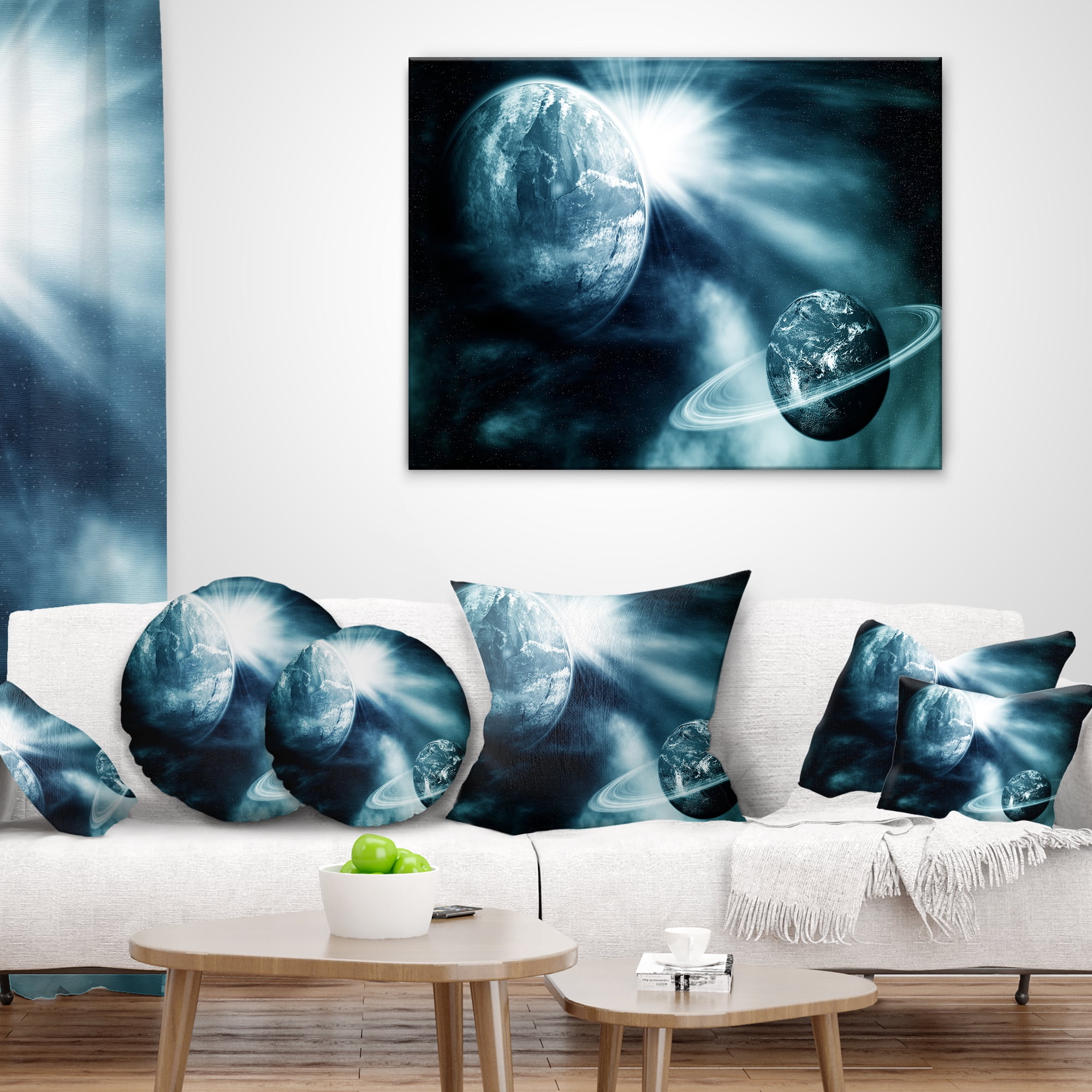 Designart Space View with Two Planets - Spacescape Throw Pillow - 12x20