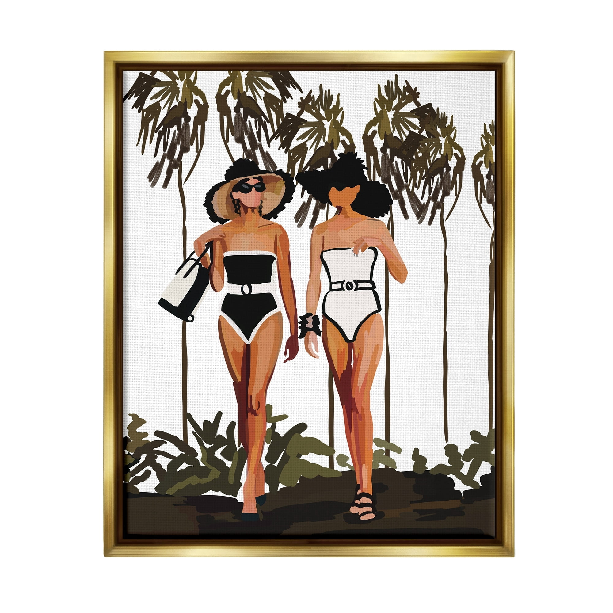 Stupell Industries Beach Babes Strolling Tropical Summer Beach Adventure Graphic Art Metallic Gold Floating Framed Canvas Print Wall Art, Design by Amelia Noyes
