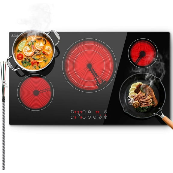 36 inch Electric Cooktop 5 Burners 9000W Built-in Glass Ceramic Electric Stove Top with Touch Control 9 Power Levels Child Lock Triple-Ring Zone 240V Hardwired for Kitchen Countertop 36"