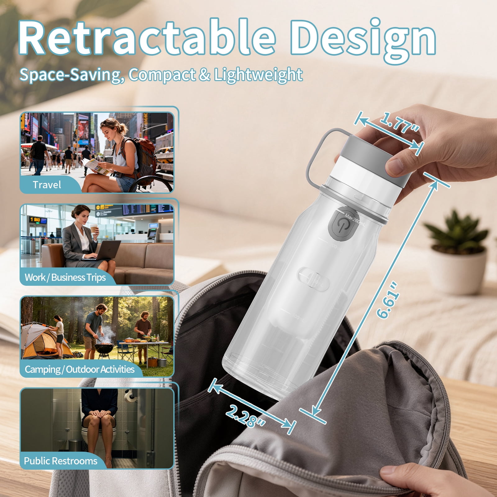 Rechargeable Portable Electric Bidet with 260ML Reservoir and 9 Cleaning Modes (White & Gray)