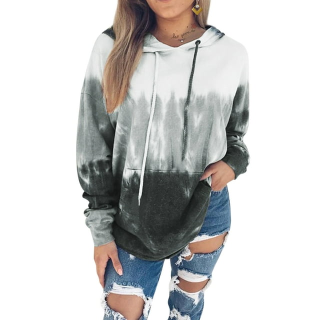 LUXUR Dames à Capuche Tops Cordon Sweat-Shirt à Manches Longues Peluche Pull Cravate Colorant Gris M