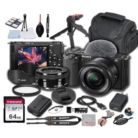 Sony ZV-E10 Mirrorless Camera with 16-50mm Lens 64GB Memory, Case. Filter, Hood, Grip, & More-Pro Bundle