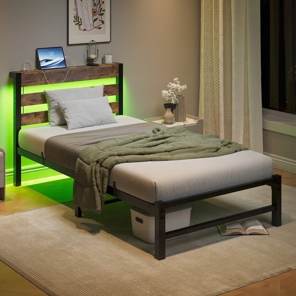 Heavy Duty Twin Size Bed Frame with USB & LED|No Box Spring Needed