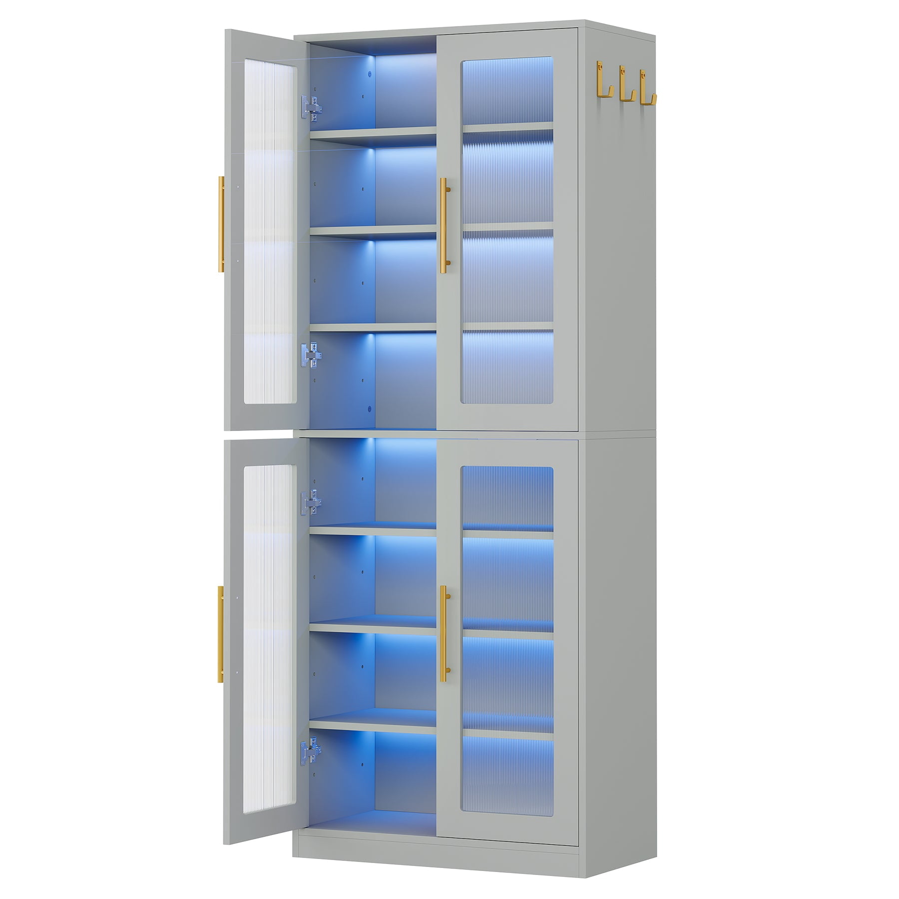 Fnova 66.93" Bookcase with Doors, 8 Tier Storage Cabinet with LED Lights for Living Room, Bedroom, Study, Gray
