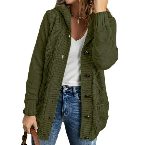 Women'S Hooded Cardigan Chunky Knit Sweater Fall Winter Style Thick Front Button-Down Coat with Pockets Army Green 5XL