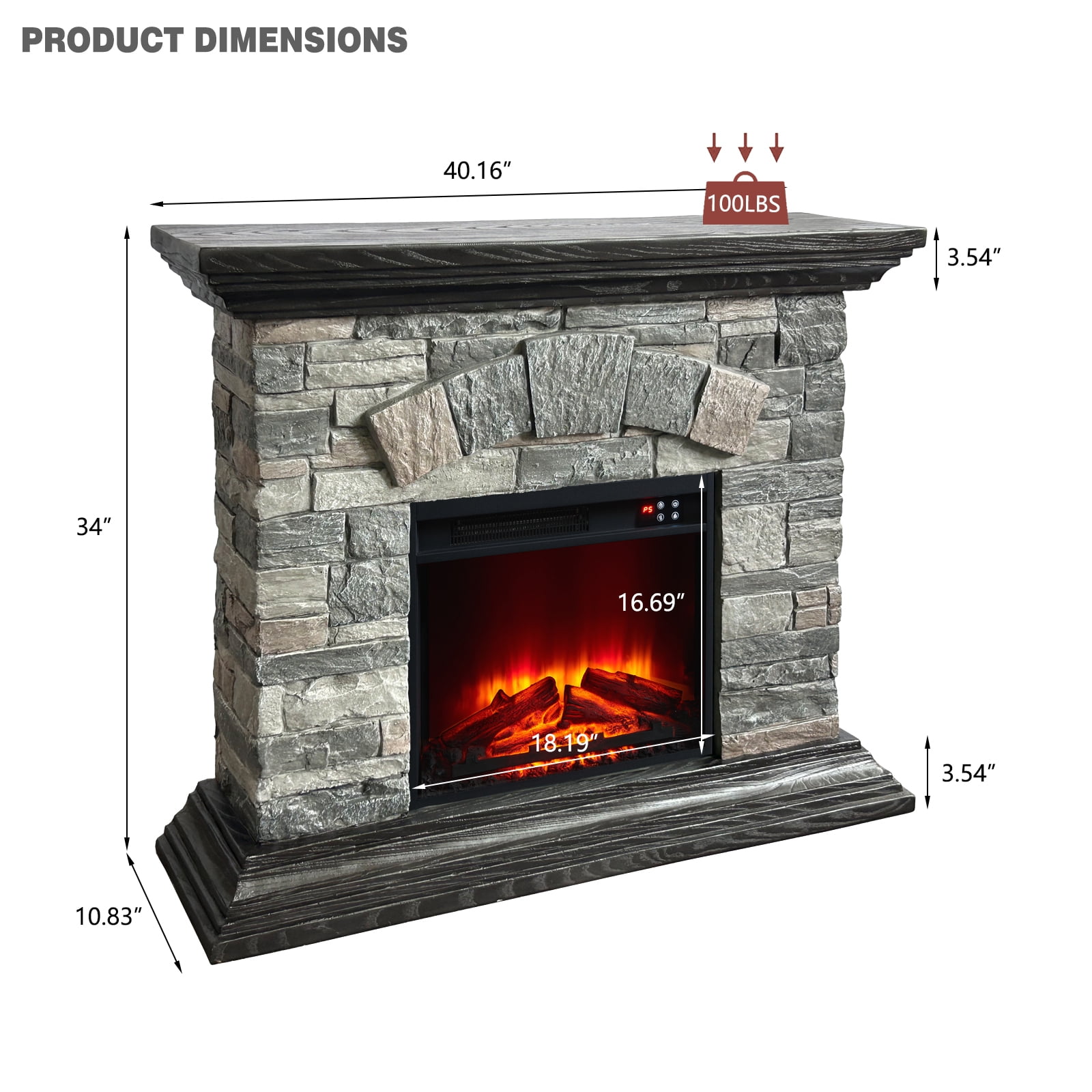 Joy River 40“ Grey Electric Fireplace with Faux Brick, Remote Control, and Adjustable Flame