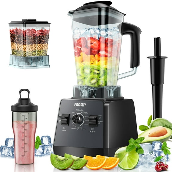 PRASKY Countertop Blender, 70oz Capacity 1000W Motor 6 Speeds, 2 Container with 25oz To-go Cup, Blender for Fruits, Vegetables, Ice, Coffee Bean, Spices (Black)