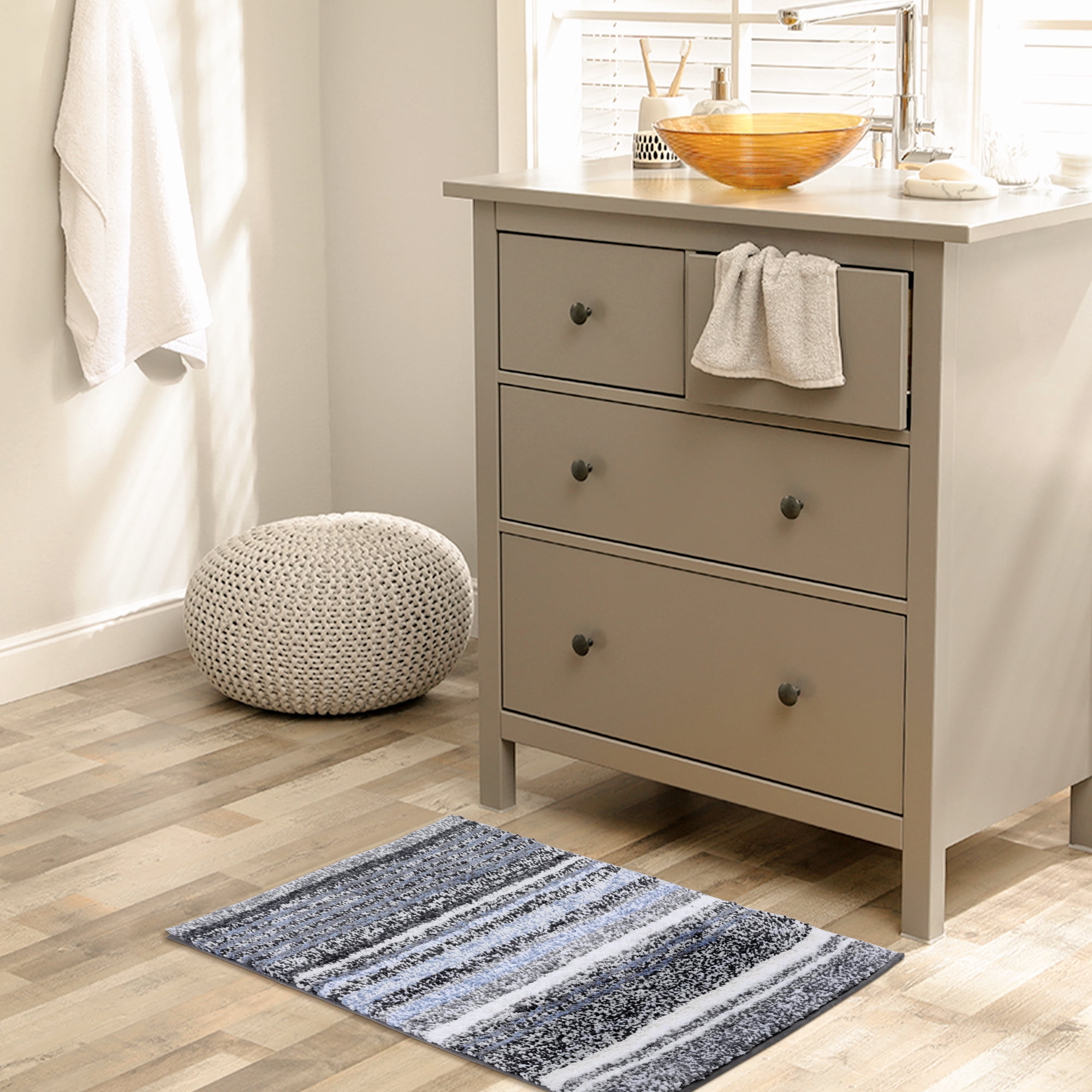 Unique Bargains Striped Bathroom Mat Soft Non-Slip Quick Dry Bath Rugs Grey 20" x 32"