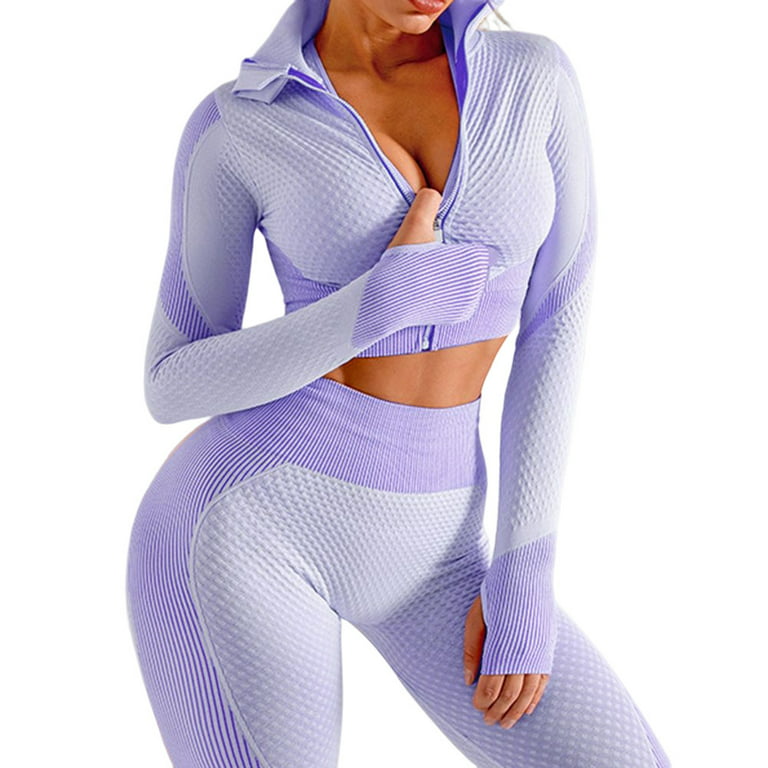 3pcs Sports Jacket Set Long Sleeve Sports Suit Workout Outfits for Women M  Elegant Purple