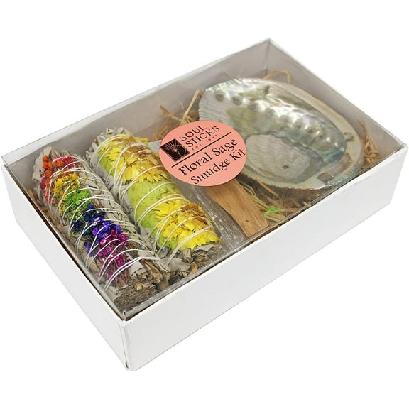 Soul Sticks Floral Sage Smudge Kit Rainbow and Green Gift Set with 2 Floral White Sage Smudge Sticks, Smudge Shell, Palo Santo Stick, 4" Selenite Wand and Sweetgrass