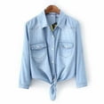 thumbnail image 6 of Women's Denim Shirt with Detachable Tie Bow, 3/4 Length Flutter Sleeves, Lightweight Chiffon Capelet Short Jacket, 6 of 12