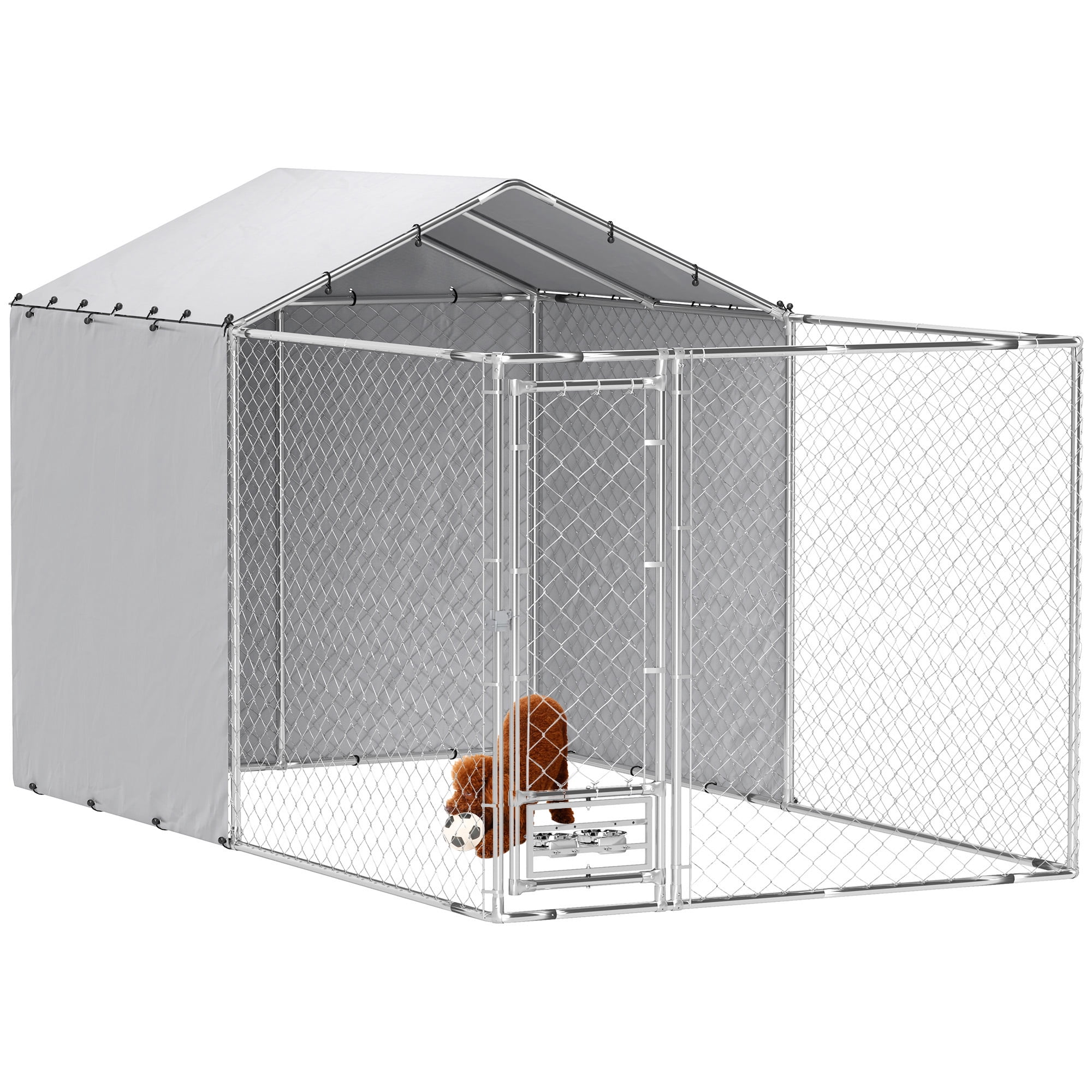 PawHut Large Outdoor Dog Kennel, Chain Link Dog Kennel Outside with Weather Resistant Cover, Rotating Bowls Door, for M&L Dogs, 13.1' x 7.5' x 7.5'