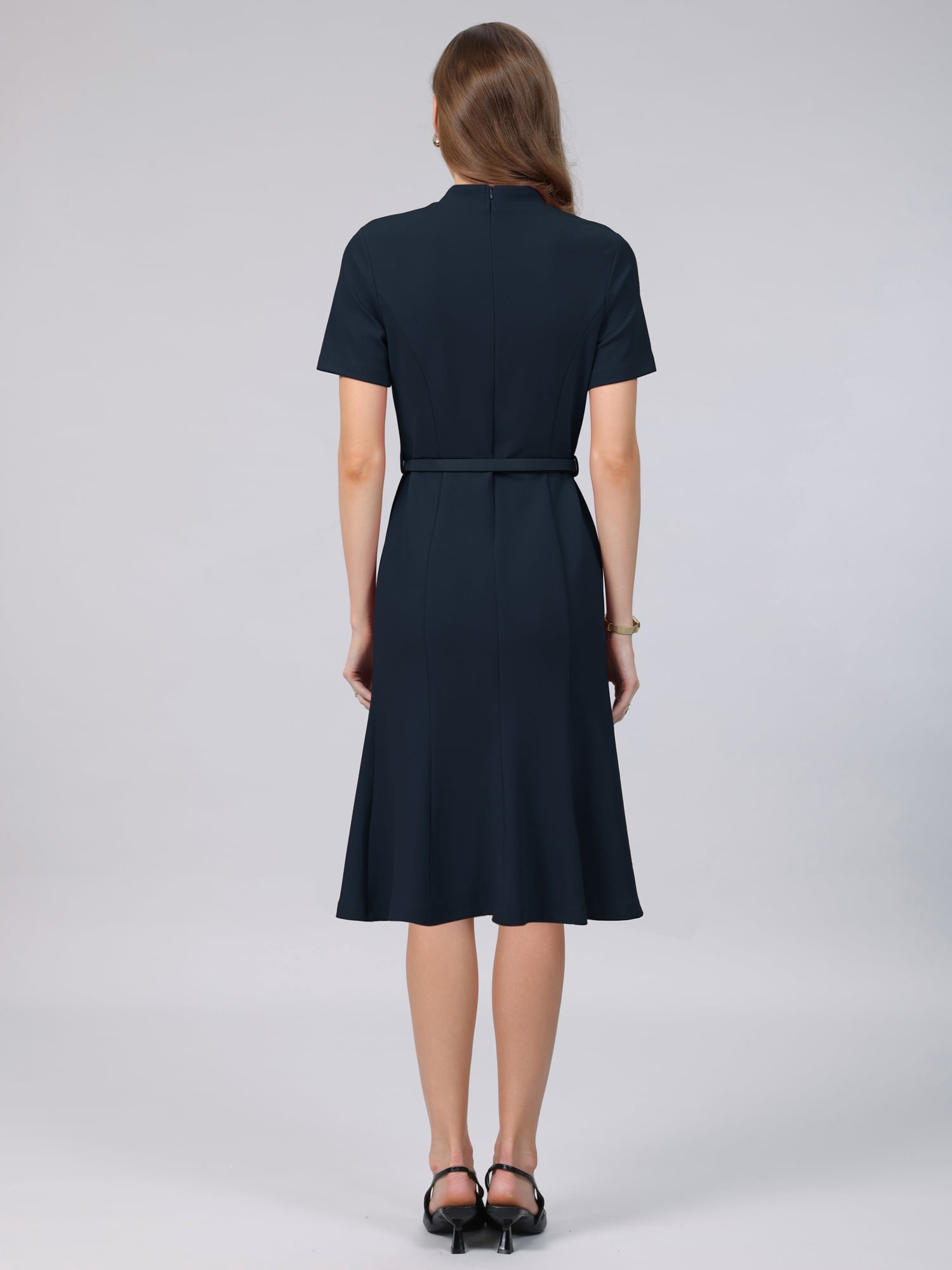 DARING DIVA Women's Vintage Mock Neck Short Sleeve Fishtail Dress M Navy Blue