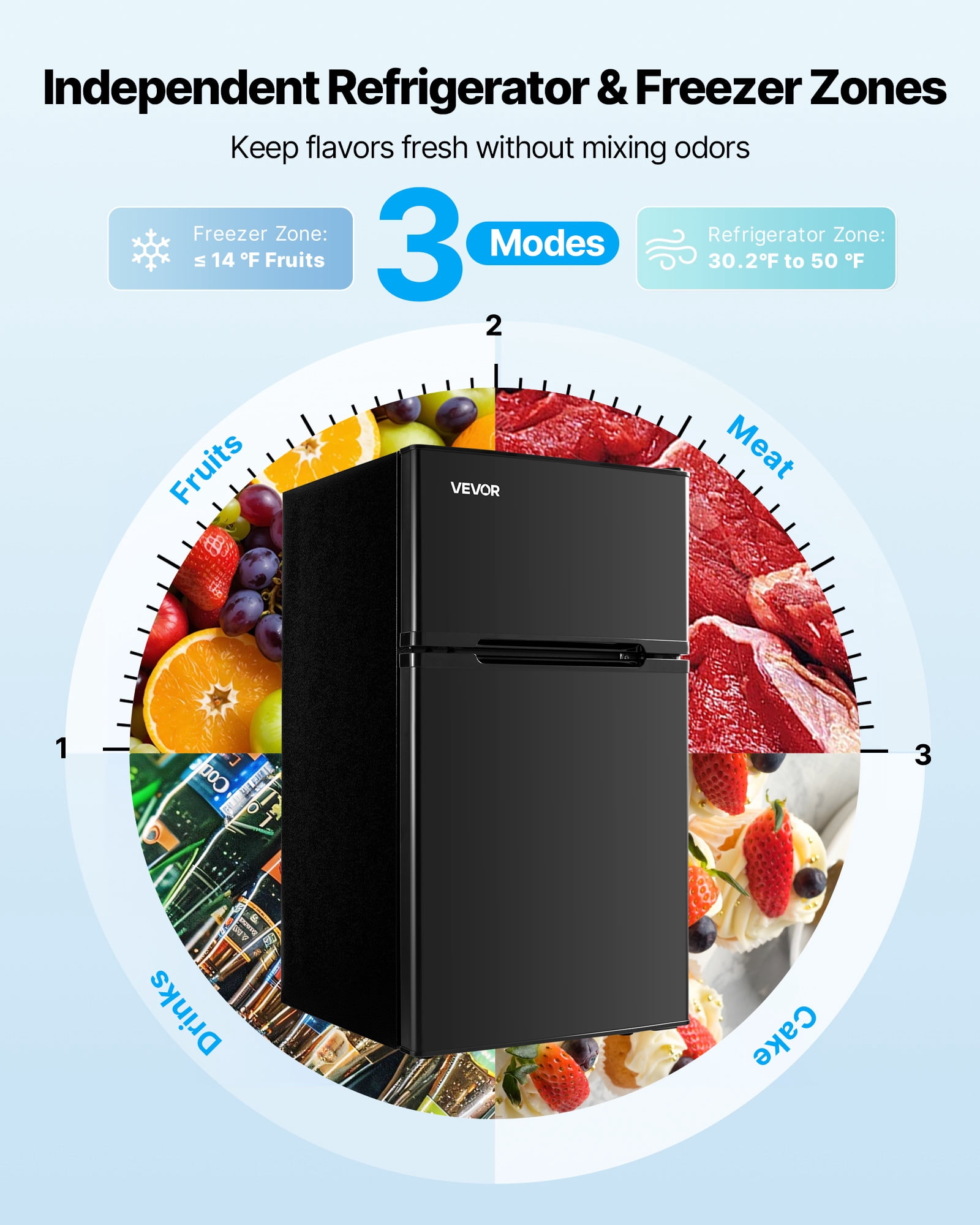 VEVOR Mini Fridge with Freezer, 3.2 Cu.Ft, Two Door Compact Refrigerator, Adjustable Temperature, Shelf, Energy Efficient Small Fridge, Reversible Door, Low Noise, for Bedroom, Dorm, Office, Black