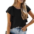thumbnail image 1 of Mujeres Volantes Tops Color Puro Elegante Cuello Redondo Top Manga Corta Tops para Citas Trabajo Negro XL, 1 of 6