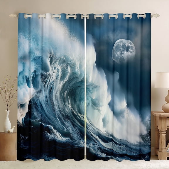 Manfei Sea Wave Storm Blackout Curtains Set of 2 (52x84 Each), Nature Disaster Window Curtains, Ocean Marine Theme Curtains and Drapes, Curtains and Drapes Home Decor