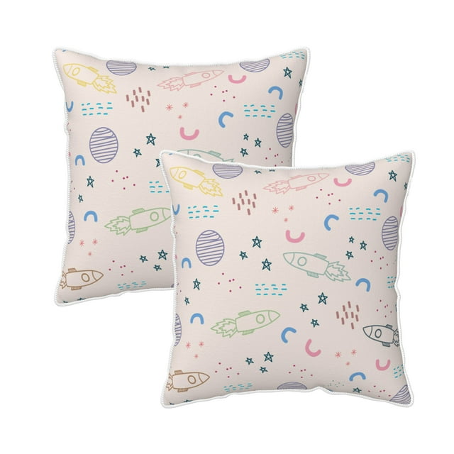 Velvet Decorative Throw Pillow Covers Set of 2, Soft Square Cushion Cover with Invisible Zipper Space Astronomy Spaceships Doodles Printing, 18"x18"
