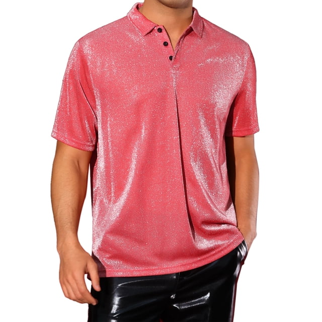 Camisetas Polo Brillantes INSPIRE CHIC para Hombre, Tops Cortos de Manga Disco Metálicos, M Rojo