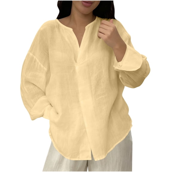 Lenpel Blouses for Women Long Sleeve V Neck Solid Color Curved Hem Cotton Linen Tops Loose Casual Tunic Shirts(Yellow,X-Large)