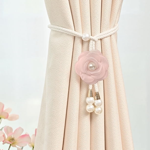 Abrazaderas De Cortina De Poliéster Abrazaderas de cortina de camelia rosa con cordón ajustable de perlas para cortinas transparentes, accesorios modernos para cortinas (1 unidad) JASKFLY