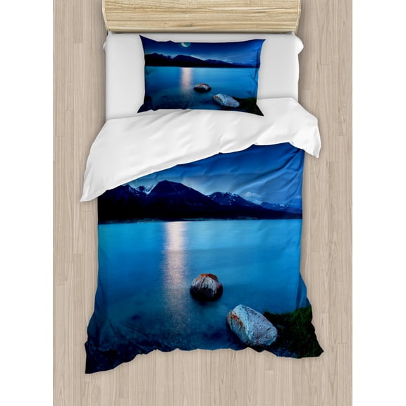Lake Duvet Cover Set Twin Size, Fantasy Midnight View with Crescent Moon in the Sky Green Shoreline with Stones, Decorative 2 Piece Bedding Set with 1 Pillow Sham, Blue Grey Green, by Ambesonne