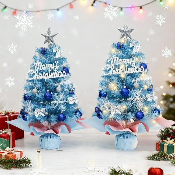 Mini Christmas Tree under $5! CQCYD Blue Tabletop Christmas Tree with Ornaments, Artificial Mini Xmas Tree for Home Office Holiday Decoration