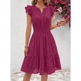 thumbnail image 5 of Burgundy Eyelet Cap Sleeve V-Neck A-Line Tiered Sundress For Women, 5 of 5