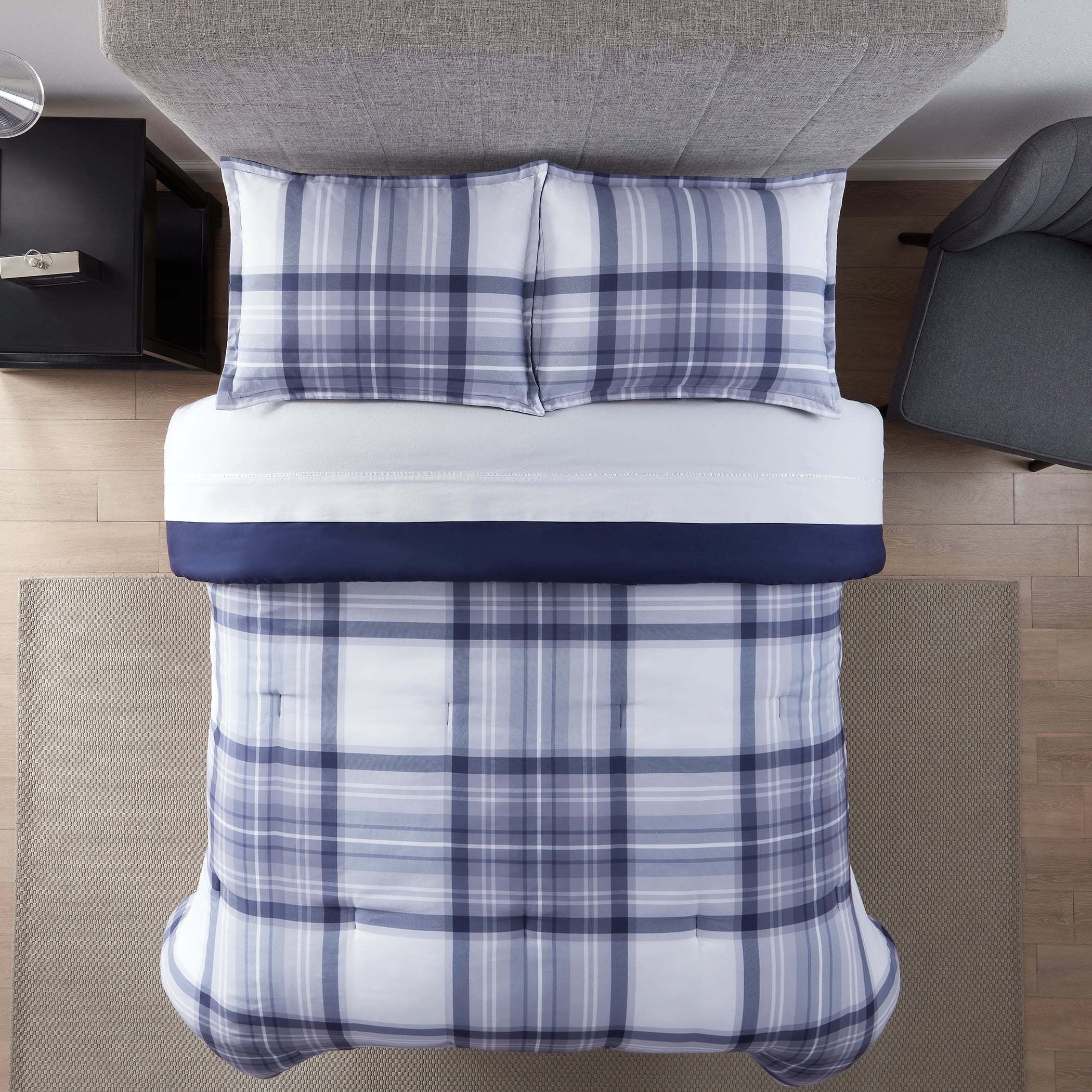 Serta Simply Clean Scott Blue Plaid 7-Piece Bedding Set, Full