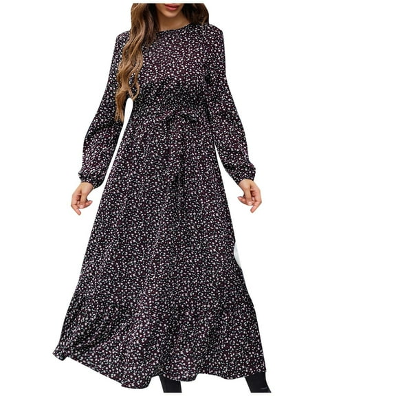 Womens Floral Printed Fall Maxi Dress Long Sleeve Tie Waist Loose Comfy Long Dress Crewneck Casual Flowy Maxi Dress