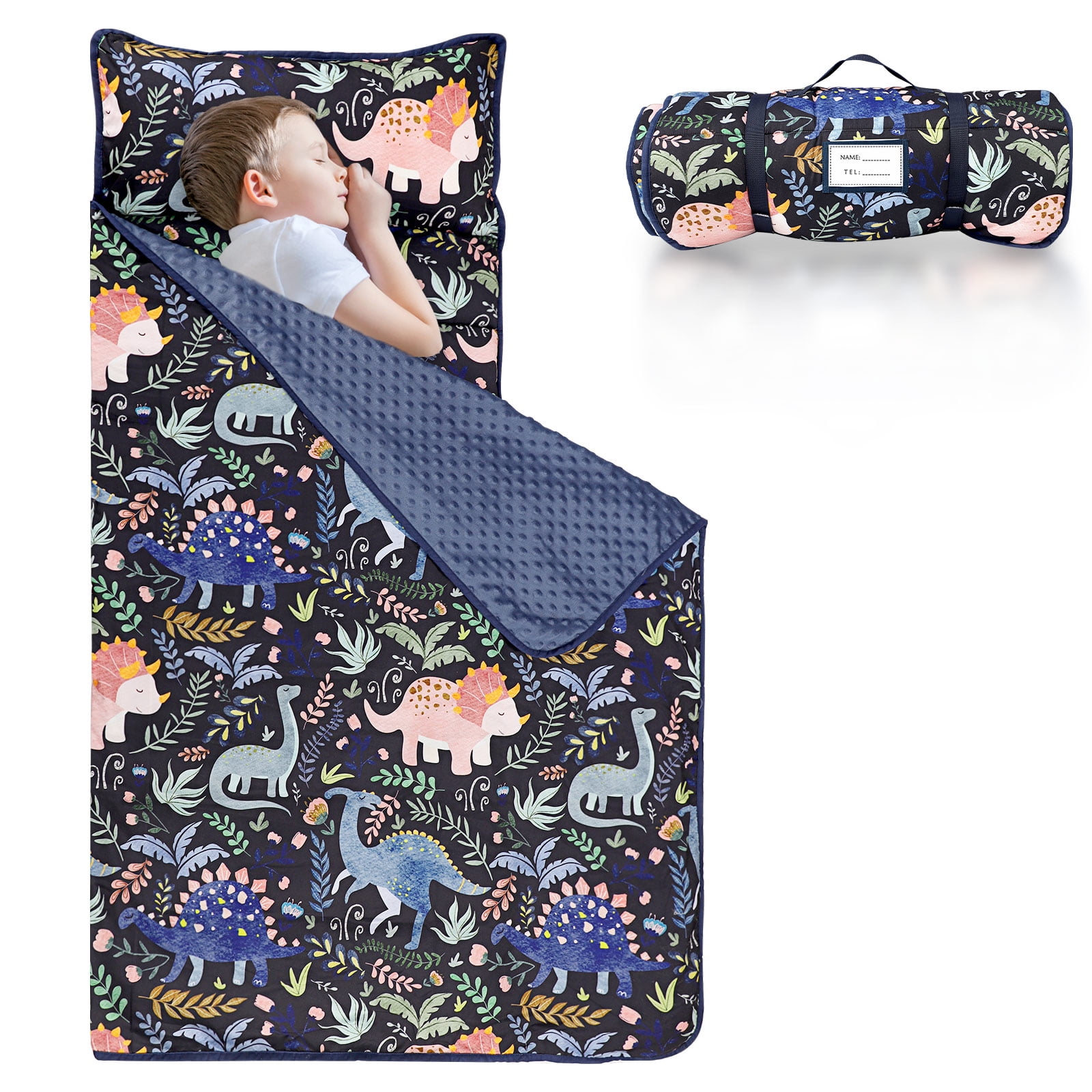 Toddler Nap Mat with Pillow and Plush Blanket, Kids Sleeping Bags for Preschool Daycare, Slumber Bags for Girls Boys Ages 3-7 Years, 55'' x 23'', Forest Dinosaurs