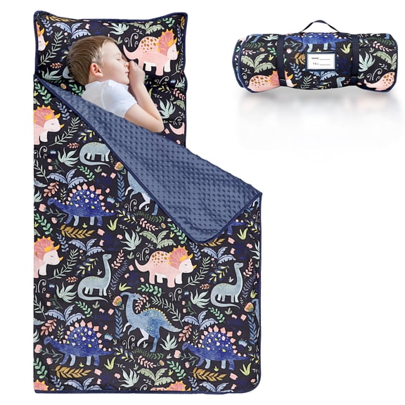 Toddler Nap Mat with Pillow and Plush Blanket, Kids Sleeping Bags for Preschool Daycare, Slumber Bags for Girls Boys Ages 3-7 Years, 55'' x 23'', Forest Dinosaurs
