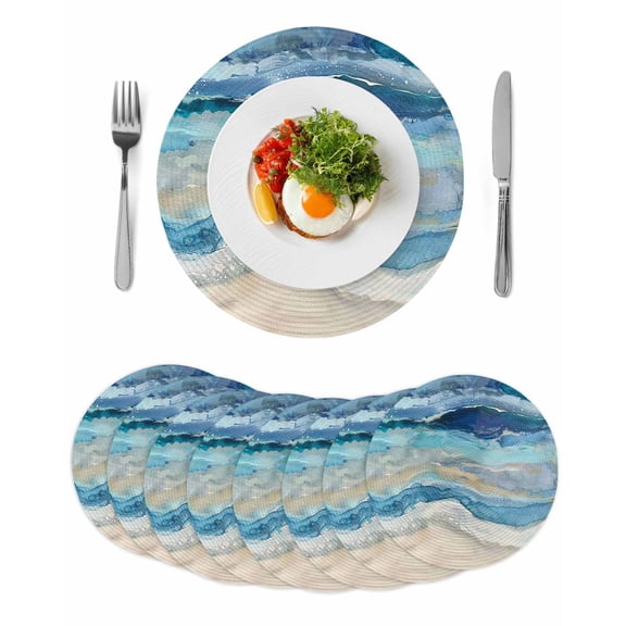 Blue Coastal Round 13 Inch Placemats Set of 8, Summer Beach Nautical Abstract Art HeatResistant Non Slip Place Mats for Dining Table, Wipeable Braided Kitchen Table Mats for Housewarming