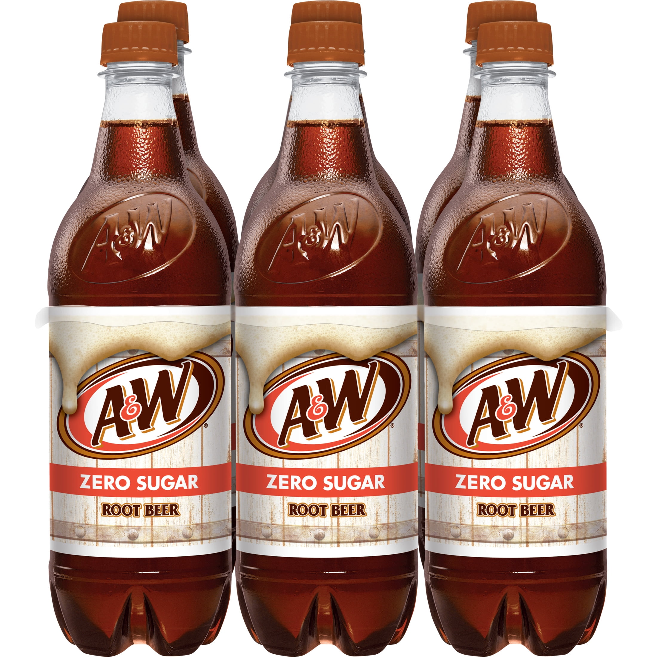 A&W Zero Sugar Root Beer Soda Pop, 16.9 fl oz, 6 Pack Bottles