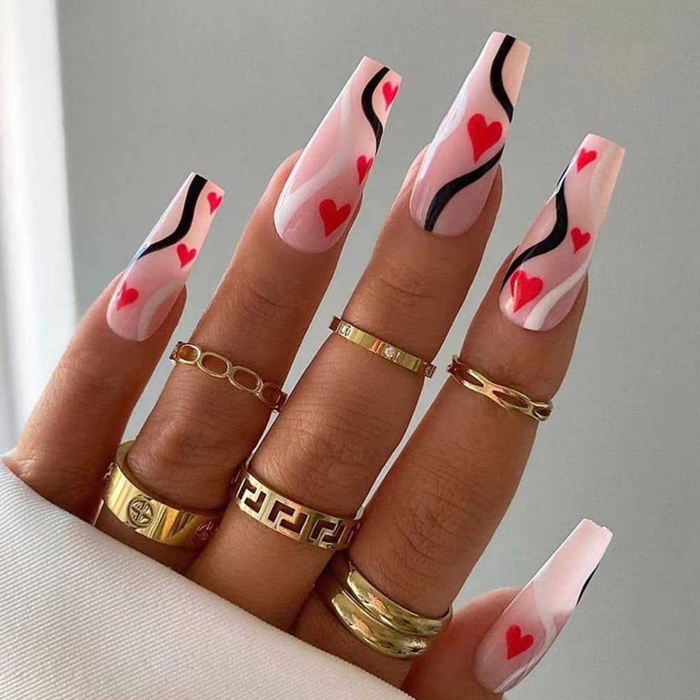 Press on Nails Long Black White Lines Fake Nails Romantic Red Heart Pattern Coffin Design Acrylic Nails for Women and Girls Glue on Nails 24 Pcs - Press on Nails Long Black White Lines Fake Nails Romantic Red Heart Pattern Coffin Design Acrylic Nails for Women and Girls Glue on Nails 24 Pcs -
