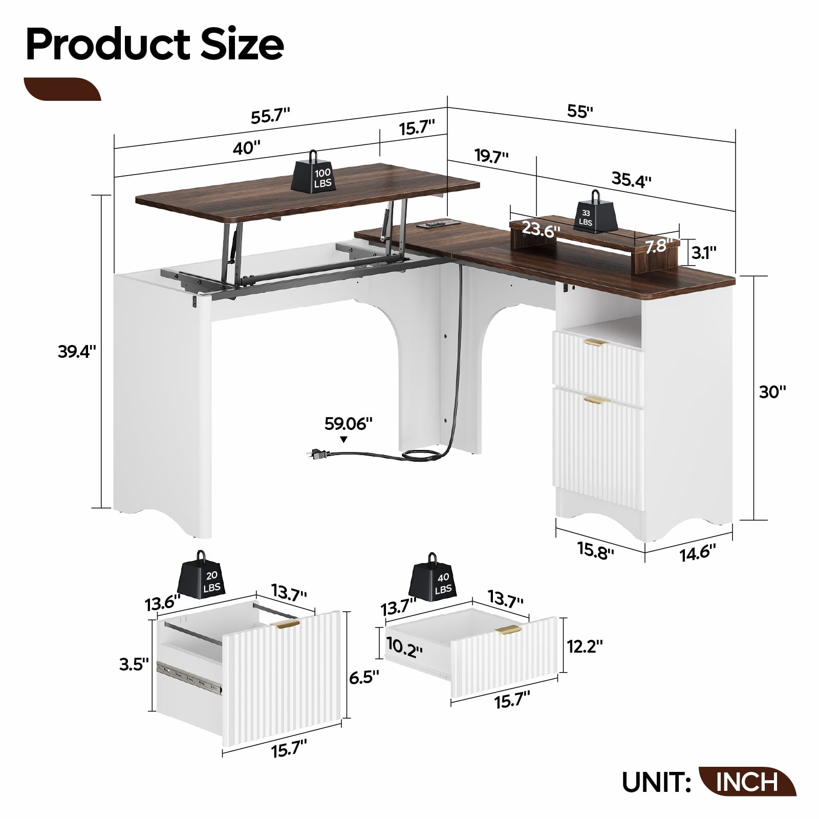 Bestier 55" L-shaped Computer PC Desk Lift Top with Power Outlets Storage Drawers and Monitor Stand, Walnut and White