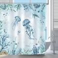 thumbnail image 2 of Nautical Coastal Jellyfish Shower Curtain, Teal Ocean Theme Underwater Sealife Coral Seahorse Sea Turtle Bathroom Curtain 72x72 Inch Polyester Fabric Waterproof Bath Curtain with 12 Hooks, 2 of 6