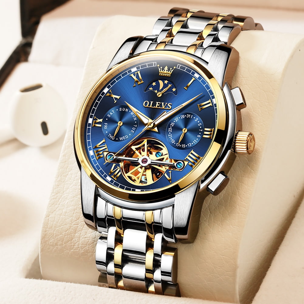 OLEVS Automatic Watches for Mens Skeleton Mechanical Self Winding Chronograph Calendar Classic Dress Moon Phase Multifunction Mens Wrist Watches Luminous Waterproof Stainless Steel Reloj Para Hombre