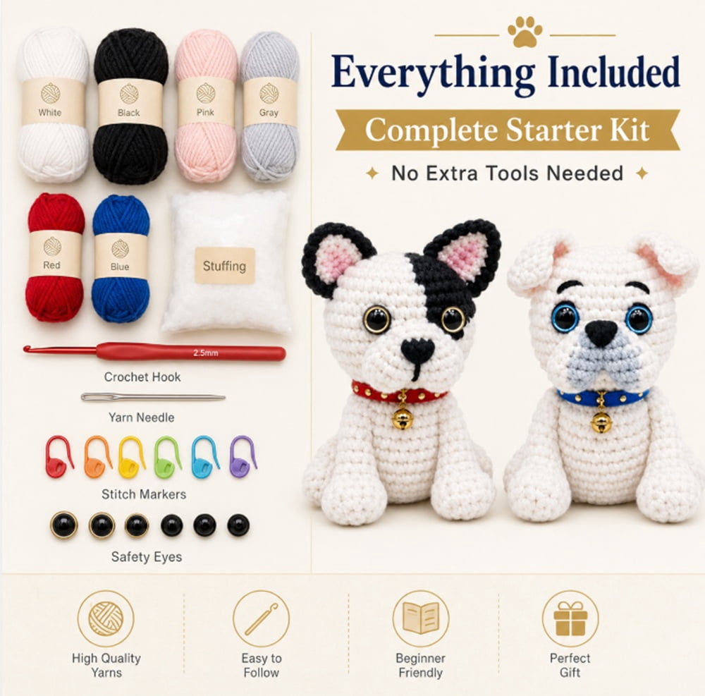 2 Pack French Bulldog Crochet Kit for Beginners, Dog Amigurumi Starter Set with Step by Step Video Tutorials, TIKA