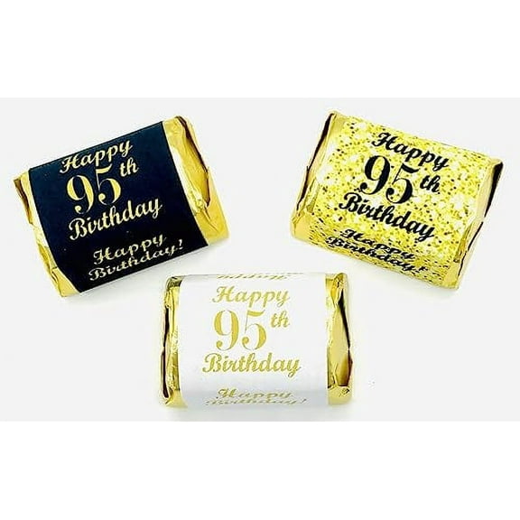 95th Birthday Nuggets Labels, Chocolate Candy Wrapper, (Set of 90) Candy Stickers; 3 Designs: 30 Gold, 30 Black, 30 White, Candy Not Included