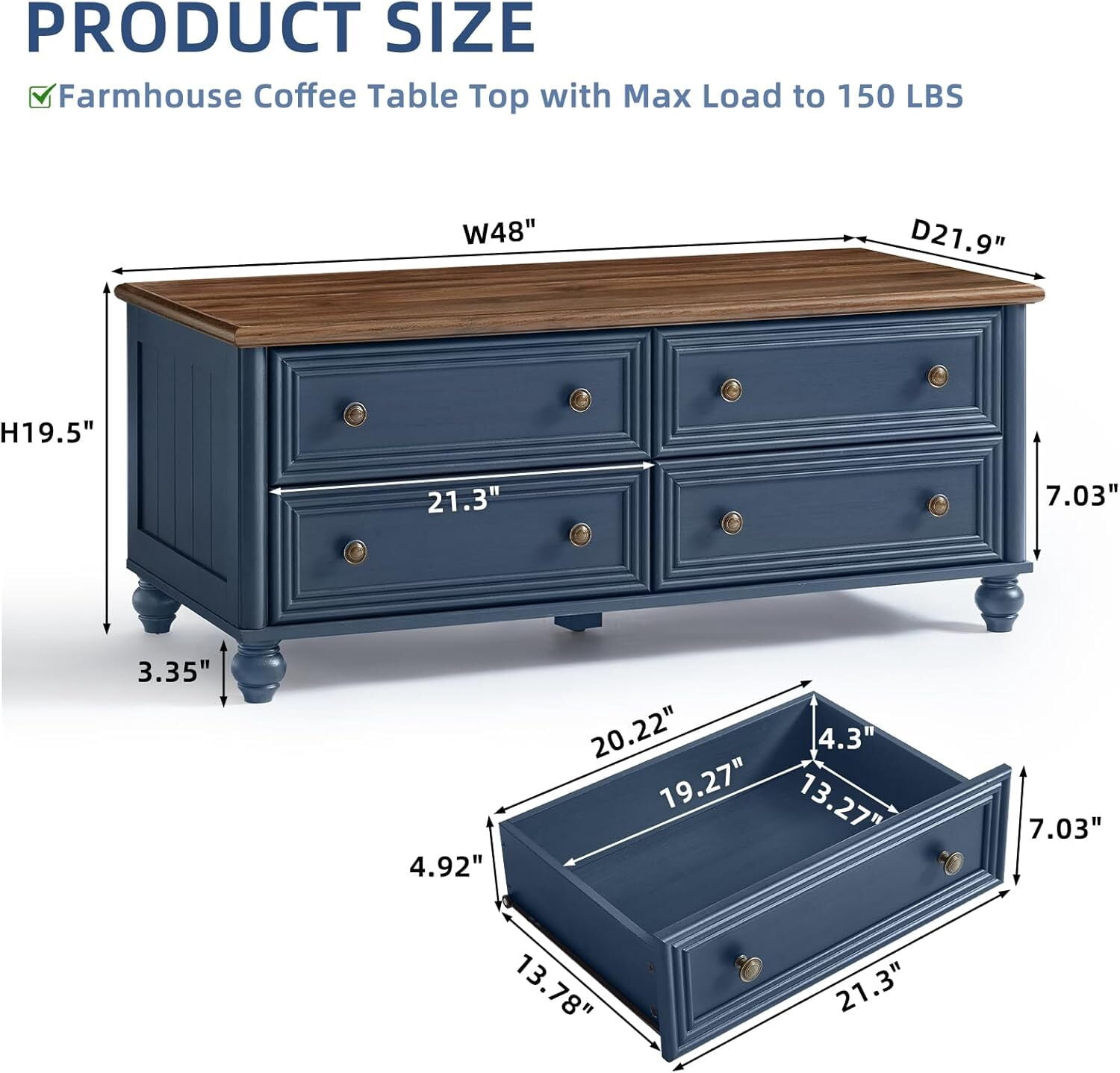 Leyaoyao 48" Farmhouse Coffee Table with Hidden Storage, 4 Drawers &Roman Column Knobs,Rustic Center Table with Wood Curved Legs for Living Room,Blue