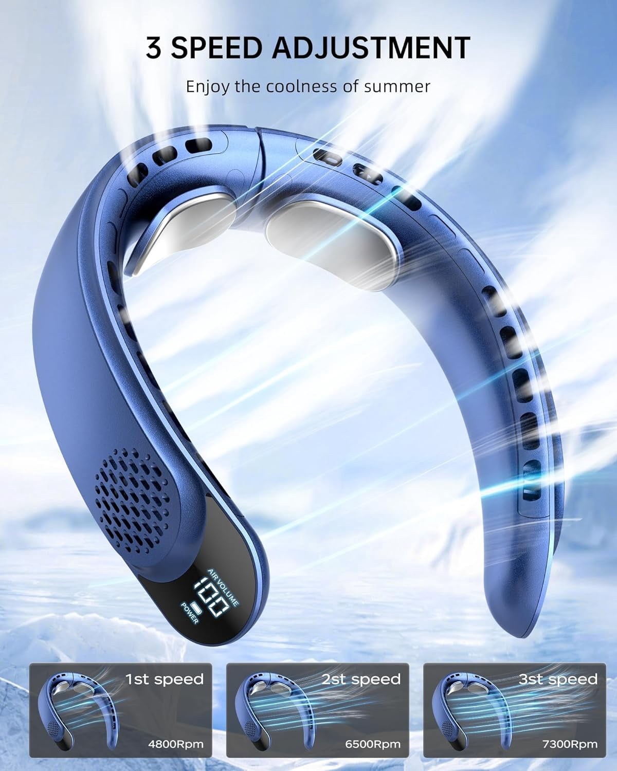 FrSara Neck Fan, Personal Fan with LED Display, Portable Neck Fan, Hands Free Bladeless Fan, 4000mAh-Battery, 3-Speed Adjustment & Whisper-Quiet Operation, Perfect for Home,Camping,Travel ,Blue