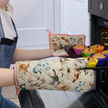 Cat Oven Mitts and Pot Holders Sets 4Pcs, 100% Cotton