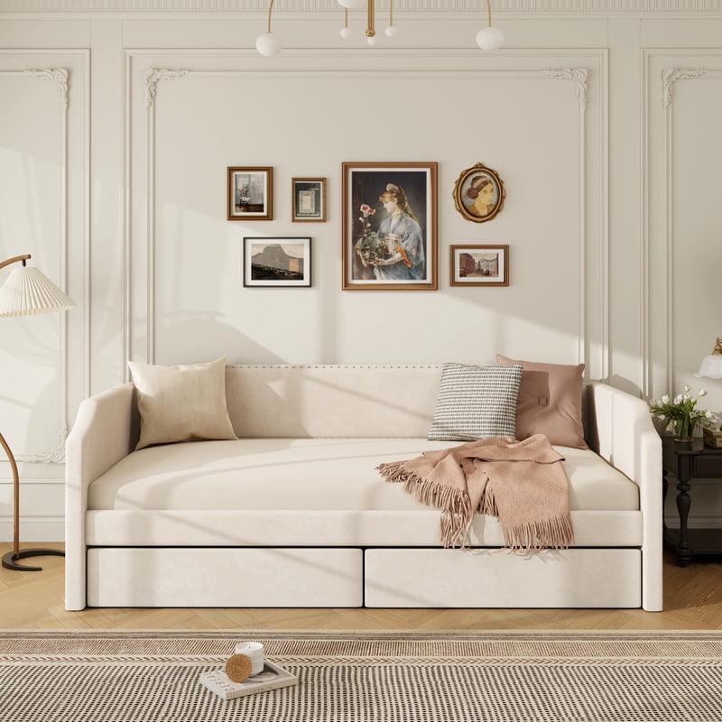 Twin Size Velvet Classic Daybed with 2 Drawers, Upholstered Sofa Bed Frame with Nailhead Trim, Multi-functional Platform Bed