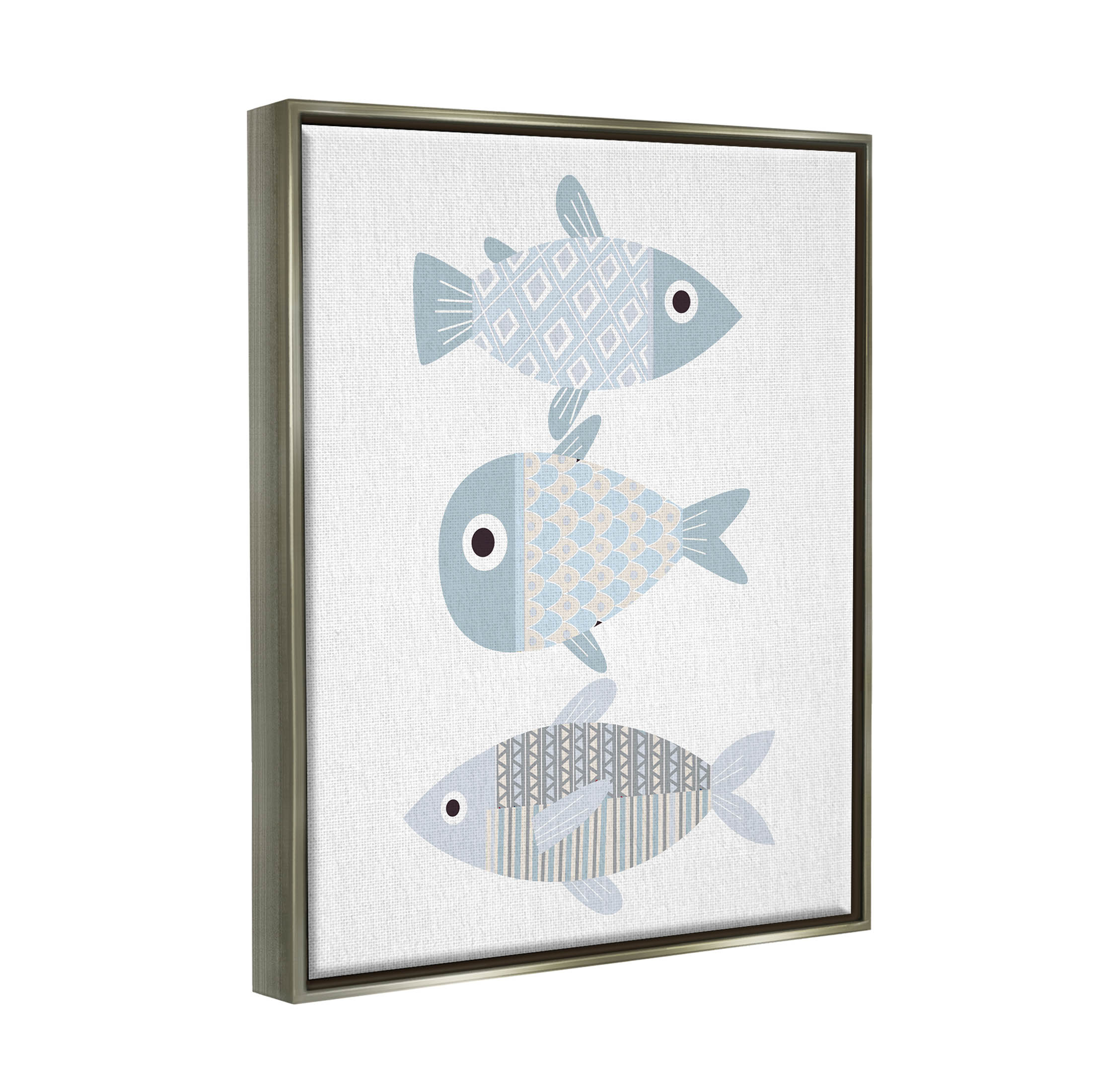 Stupell Industries Three Whimsical Patterned Fish Sea Life Graphic Art Luster Gray Floating Framed Canvas Print Wall Art, Design by Kim Allen